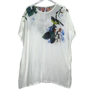 Fantasy Linen OS Leisure Natural Linen Shift Dress Pockets Comfy Bird Floral